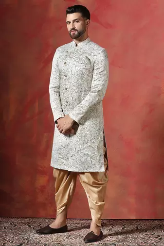 Cream sherwani patiala set with paisley design     indian cultural event outfit