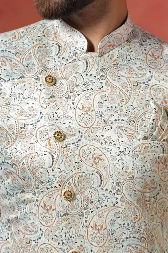 Cream sherwani patiala set with paisley design     indian cultural event outfit