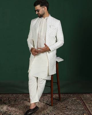 White open sherwani kurta pyjama set     embroidered indian wedding outfit 1