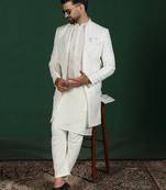 White open sherwani kurta pyjama set     embroidered indian wedding outfit