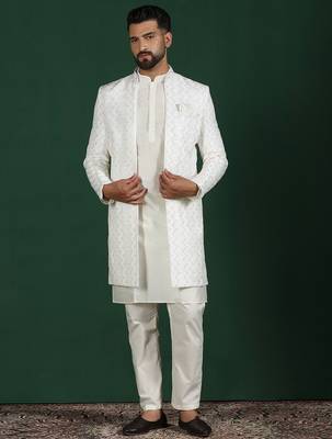White open sherwani kurta pyjama set     embroidered indian wedding outfit 2