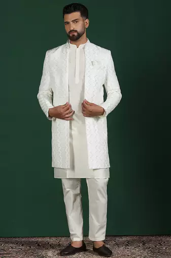 White open sherwani kurta pyjama set     embroidered indian wedding outfit