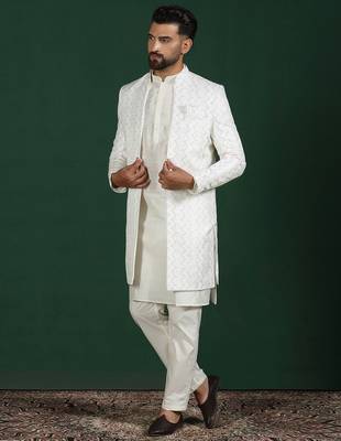 White open sherwani kurta pyjama set     embroidered indian wedding outfit 3