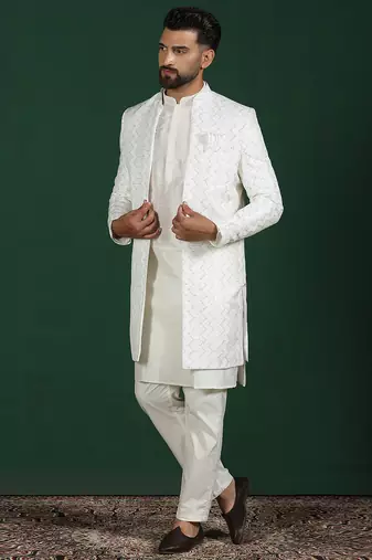 White open sherwani kurta pyjama set     embroidered indian wedding outfit