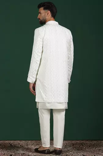 White open sherwani kurta pyjama set     embroidered indian wedding outfit