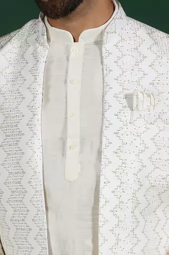 White open sherwani kurta pyjama set     embroidered indian wedding outfit