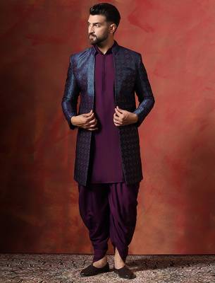 Navy blue open sherwani kurta pyjama set     embroidered traditional indian wear 1