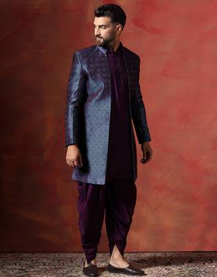 Navy blue open sherwani kurta pyjama set     embroidered traditional indian wear 2