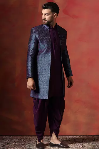 Navy blue open sherwani kurta pyjama set     embroidered traditional indian wear