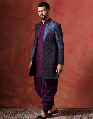 Navy blue open sherwani kurta pyjama set     embroidered traditional indian wear 3