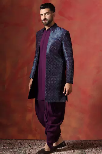 Navy blue open sherwani kurta pyjama set     embroidered traditional indian wear