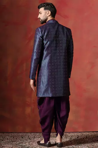 Navy blue open sherwani kurta pyjama set     embroidered traditional indian wear