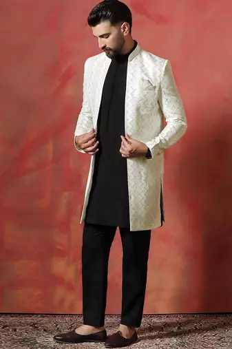White open sherwani kurta pyjama set     formal indian ethnic wear for men