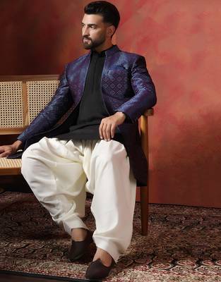 Navy blue open sherwani kurta pyjama set     indian groom wear for weddings 1