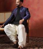 Navy blue open sherwani kurta pyjama set     indian groom wear for weddings