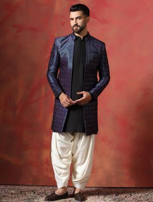 Navy blue open sherwani kurta pyjama set     indian groom wear for weddings 2