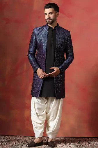 Navy blue open sherwani kurta pyjama set     indian groom wear for weddings