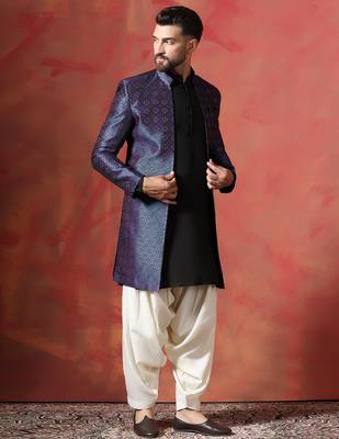 Navy blue open sherwani kurta pyjama set     indian groom wear for weddings 3