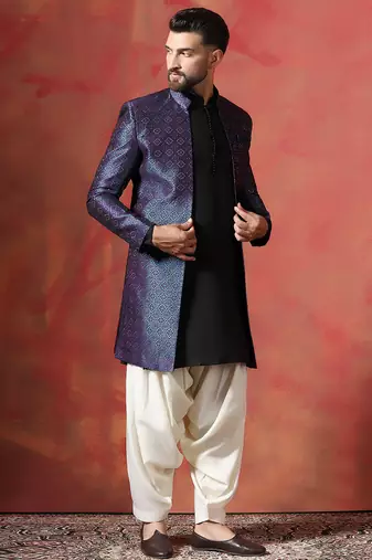Navy blue open sherwani kurta pyjama set     indian groom wear for weddings