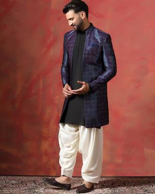 Navy blue open sherwani kurta pyjama set     indian groom wear for weddings 4