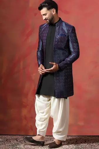 Navy blue open sherwani kurta pyjama set     indian groom wear for weddings