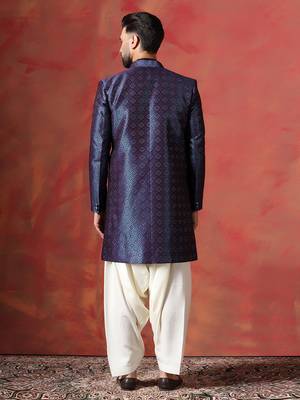 Navy blue open sherwani kurta pyjama set     indian groom wear for weddings 5