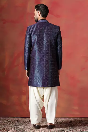 Navy blue open sherwani kurta pyjama set     indian groom wear for weddings