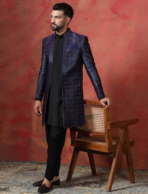 Navy Blue Open Sherwani with Kurta Pajama for Weddings and Ceremonies 1