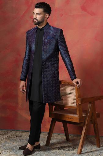 Navy blue open sherwani kurta pyjama set – regal indian wedding outfit for men