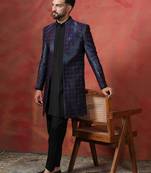 Navy Blue Open Sherwani with Kurta Pajama for Weddings and Ceremonies