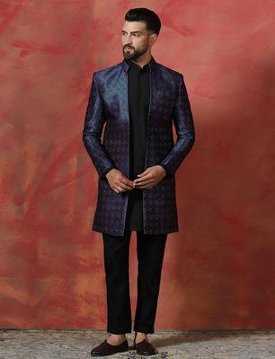 Navy Blue Open Sherwani with Kurta Pajama for Weddings and Ceremonies 2