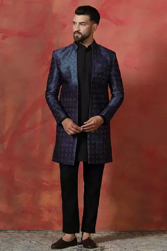 Navy Blue Open Sherwani with Kurta Pajama for Weddings and Ceremonies