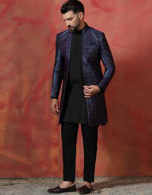 Navy Blue Open Sherwani with Kurta Pajama for Weddings and Ceremonies 3