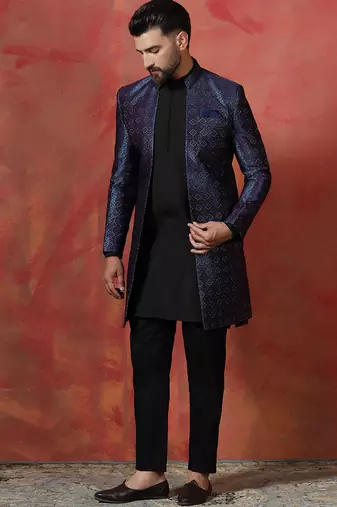 Navy Blue Open Sherwani with Kurta Pajama for Weddings and Ceremonies
