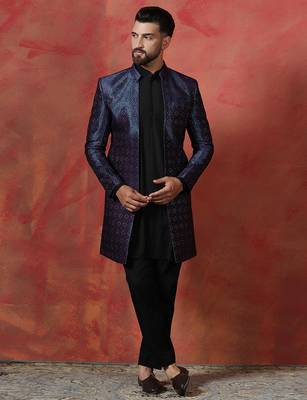 Navy Blue Open Sherwani with Kurta Pajama for Weddings and Ceremonies 4