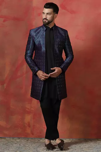 Navy Blue Open Sherwani with Kurta Pajama for Weddings and Ceremonies