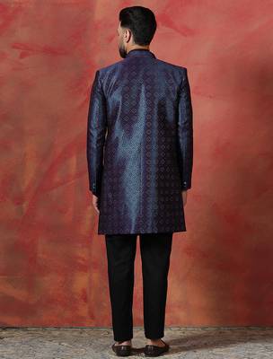 Navy Blue Open Sherwani with Kurta Pajama for Weddings and Ceremonies 5