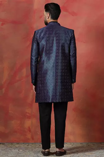 Navy Blue Open Sherwani with Kurta Pajama for Weddings and Ceremonies