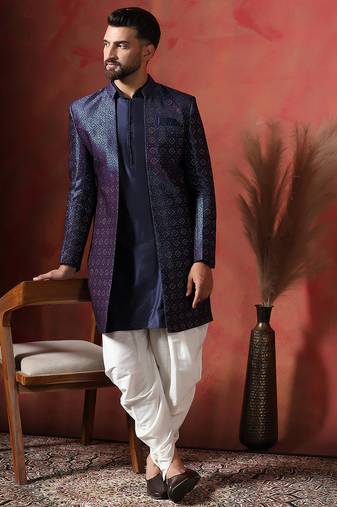 Navy blue open sherwani kurta pyjama set – classic indian wedding look