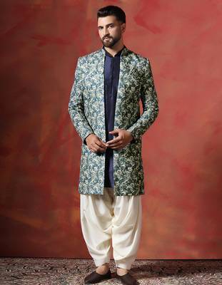 Blue paisley design open sherwani kurta pyjama set     unique indian ethnic wear 1