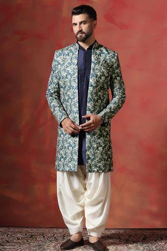 Blue paisley design open sherwani kurta pyjama set – unique indian ethnic wear