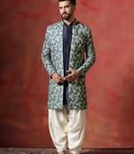 Blue paisley design open sherwani kurta pyjama set     unique indian ethnic wear