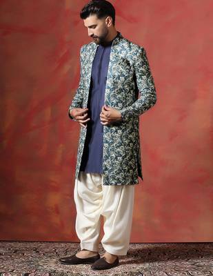 Blue paisley design open sherwani kurta pyjama set     unique indian ethnic wear 2