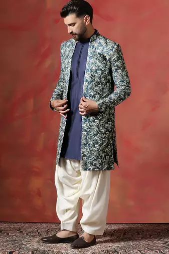 Blue paisley design open sherwani kurta pyjama set     unique indian ethnic wear