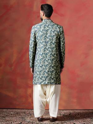 Blue paisley design open sherwani kurta pyjama set     unique indian ethnic wear 3