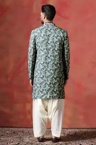 Blue paisley design open sherwani kurta pyjama set     unique indian ethnic wear