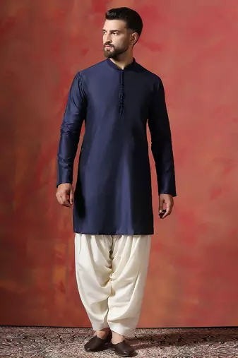 Blue paisley design open sherwani kurta pyjama set     unique indian ethnic wear