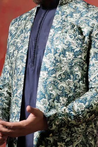 Blue paisley design open sherwani kurta pyjama set     unique indian ethnic wear