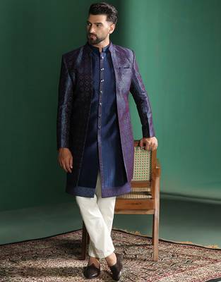 Navy Blue Indo-Western Sherwani With Kurta Pajama In Front Open Style 1