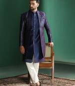 Navy Blue Indo-Western Sherwani With Kurta Pajama In Front Open Style
